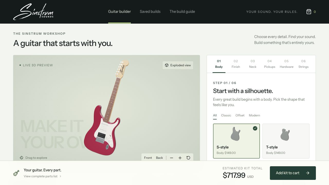 Sinstrum’s actual custom guitar builder with a 3D guitar preview and configuration options.